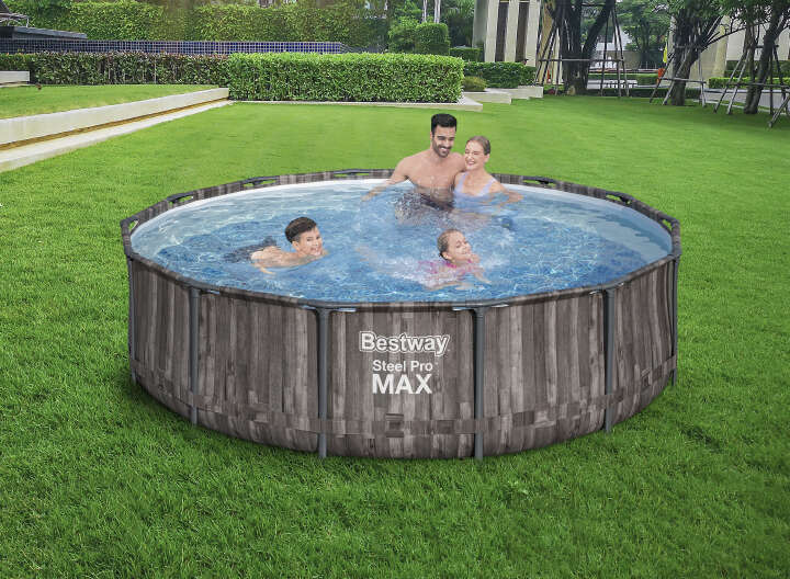 Bestway Steel Pro MAX™ Frame Pool-Set mit Filterpumpe Holz-Optik rund 366 x 100 cm